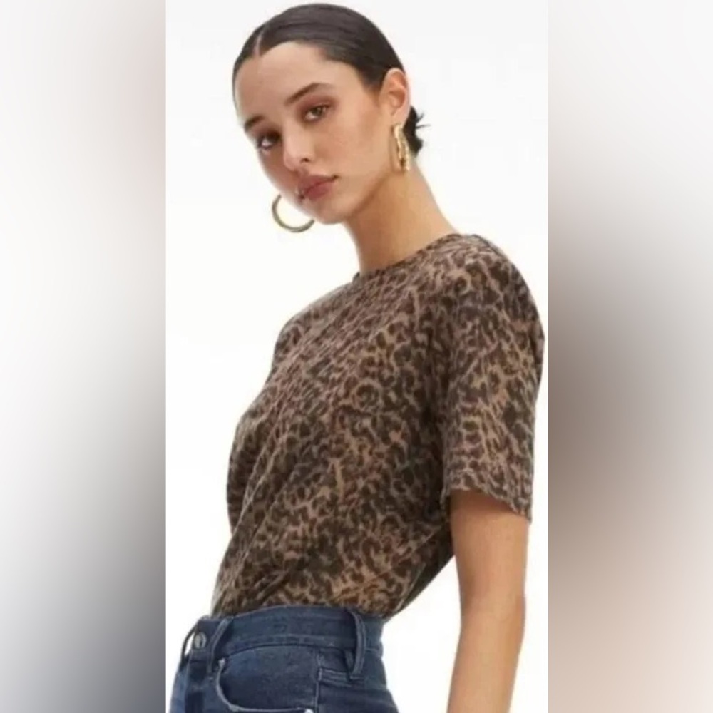 Good American Animal Print Strong Shoulder Short Sleeve Top Sepia Leopard
